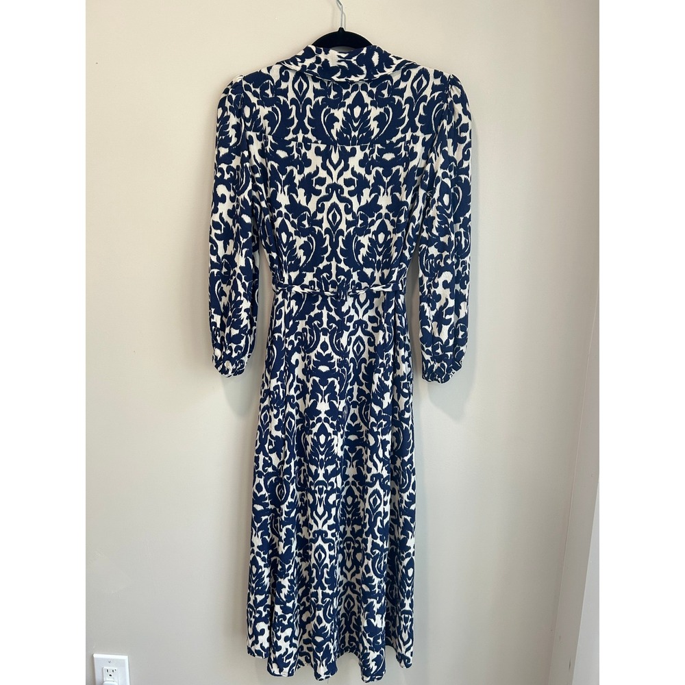 Zara Blue White Damask Printed Midi Maxi Shirt Dress Small Tie Waist Boho Resort - Picture 6 of 8